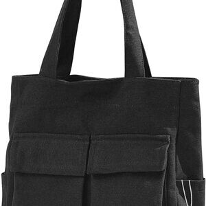 Canvas Tote Bag Large Multi-Pocket Shoulder Handbag for College Travel